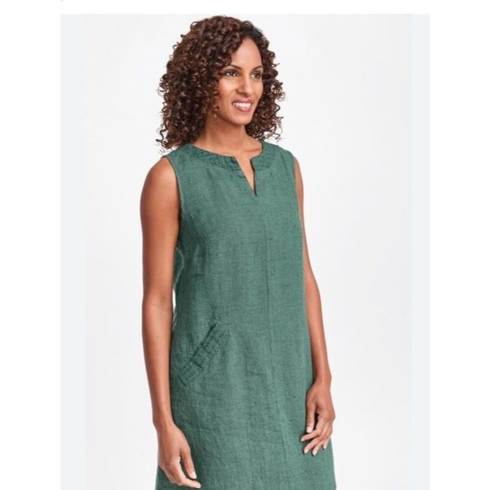 Flax Women’s Shift Linen Dress Pockets Green Sz P